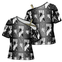 Bula Fiji Cross Shoulder Shirt Black Makare Masi Tapa Pattern