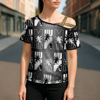Bula Fiji Cross Shoulder Shirt Black Makare Masi Tapa Pattern