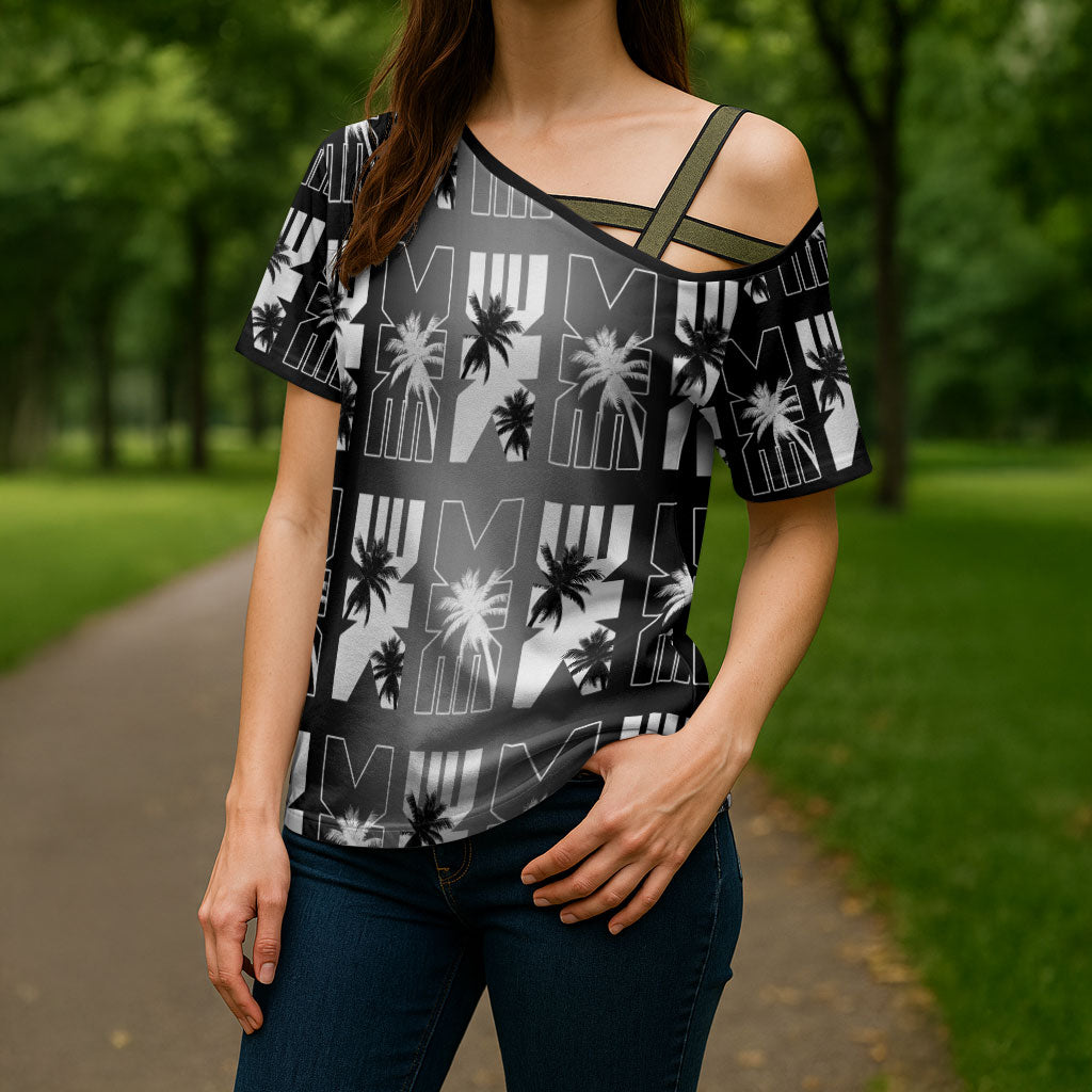 Bula Fiji Cross Shoulder Shirt Black Makare Masi Tapa Pattern