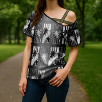 Bula Fiji Cross Shoulder Shirt Black Makare Masi Tapa Pattern