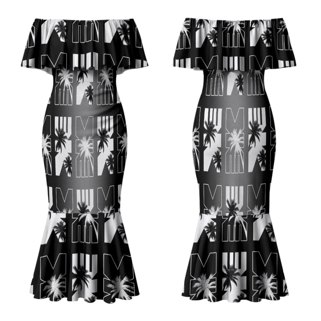 Bula Fiji Family Matching Mermaid Dress and Hawaiian Shirt Black Makare Masi Tapa Pattern