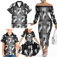 Bula Fiji Family Matching Off The Shoulder Long Sleeve Dress and Hawaiian Shirt Black Makare Masi Tapa Pattern