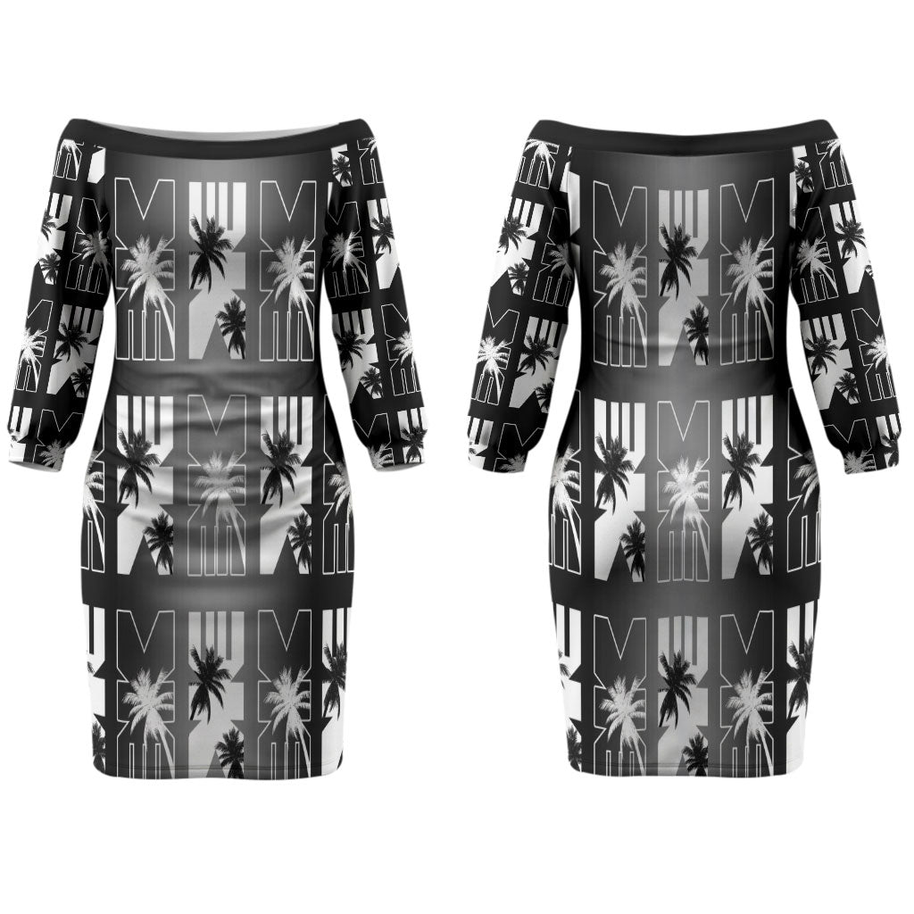 Bula Fiji Family Matching Off The Shoulder Long Sleeve Dress and Hawaiian Shirt Black Makare Masi Tapa Pattern