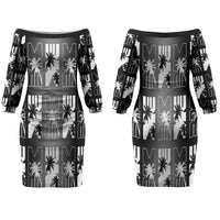 Bula Fiji Family Matching Off The Shoulder Long Sleeve Dress and Hawaiian Shirt Black Makare Masi Tapa Pattern