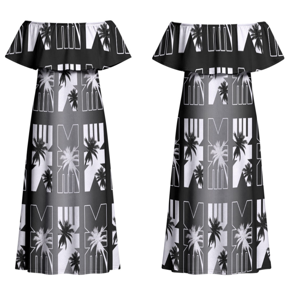 Bula Fiji Family Matching Off Shoulder Maxi Dress and Hawaiian Shirt Black Makare Masi Tapa Pattern