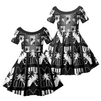 Bula Fiji Family Matching Off Shoulder Short Dress and Hawaiian Shirt Black Makare Masi Tapa Pattern