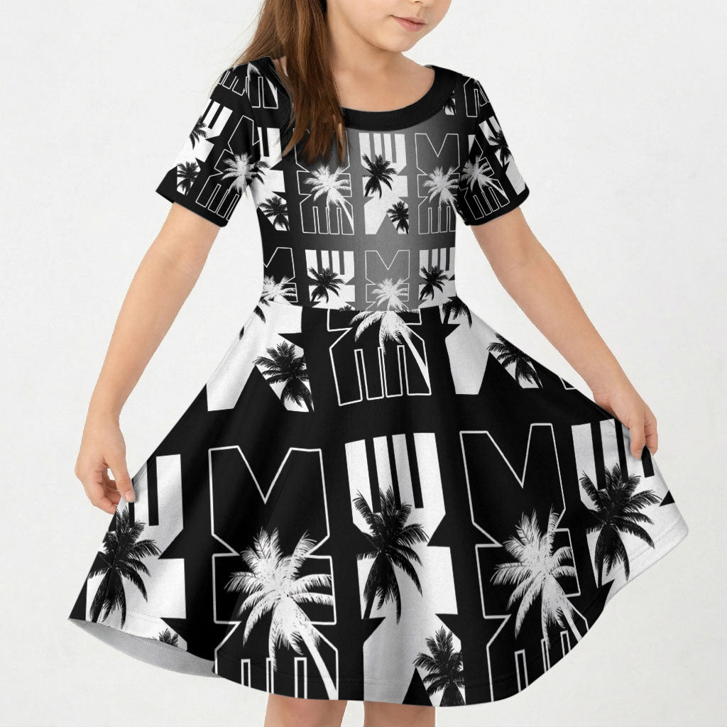 Bula Fiji Kid Short Sleeve Dress Black Makare Masi Tapa Pattern