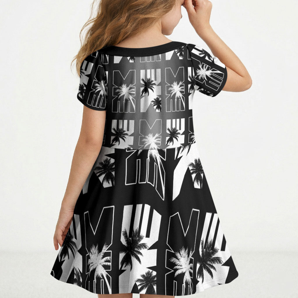 Bula Fiji Kid Short Sleeve Dress Black Makare Masi Tapa Pattern
