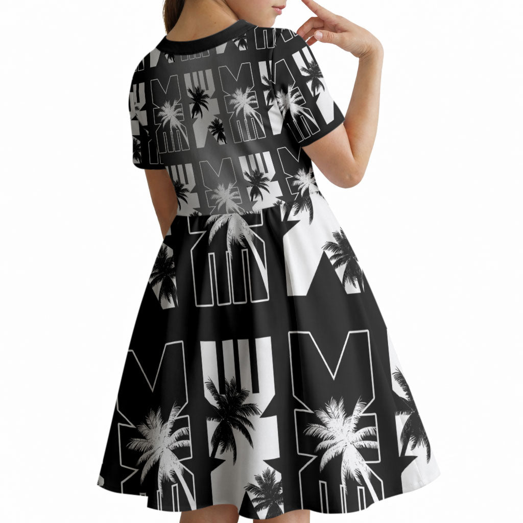 Bula Fiji Kid Short Sleeve Dress Black Makare Masi Tapa Pattern