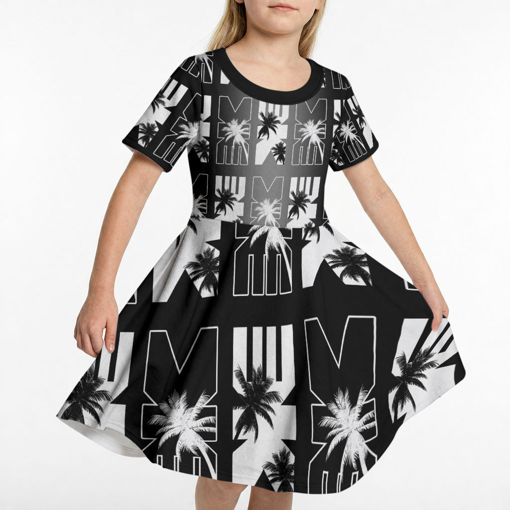 Bula Fiji Kid Short Sleeve Dress Black Makare Masi Tapa Pattern