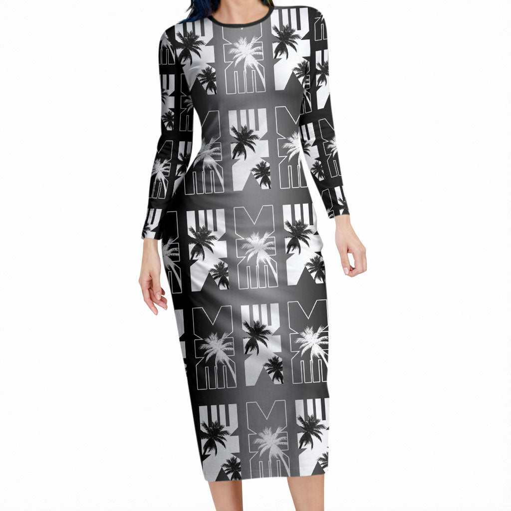 Bula Fiji Long Sleeve Bodycon Dress Black Makare Masi Tapa Pattern