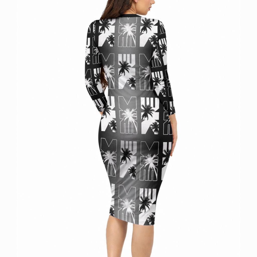 Bula Fiji Long Sleeve Bodycon Dress Black Makare Masi Tapa Pattern