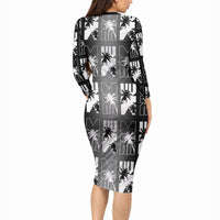 Bula Fiji Long Sleeve Bodycon Dress Black Makare Masi Tapa Pattern