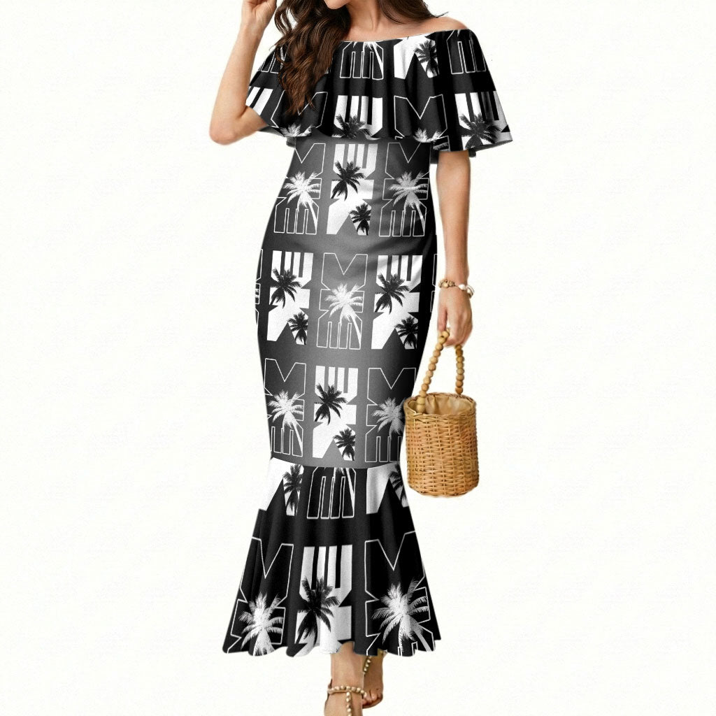 Bula Fiji Mermaid Dress Black Makare Masi Tapa Pattern