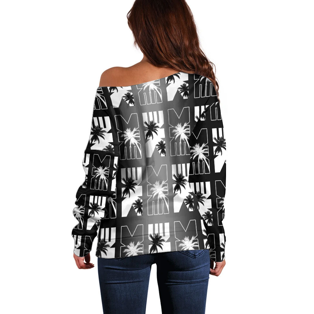 Bula Fiji Off Shoulder Sweater Black Makare Masi Tapa Pattern