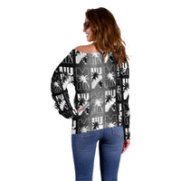 Bula Fiji Off Shoulder Sweater Black Makare Masi Tapa Pattern