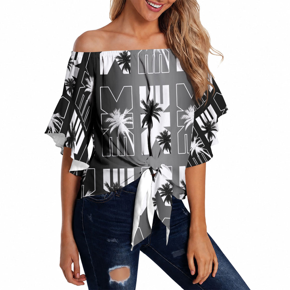 Bula Fiji Off Shoulder Wrap Waist Top Black Makare Masi Tapa Pattern