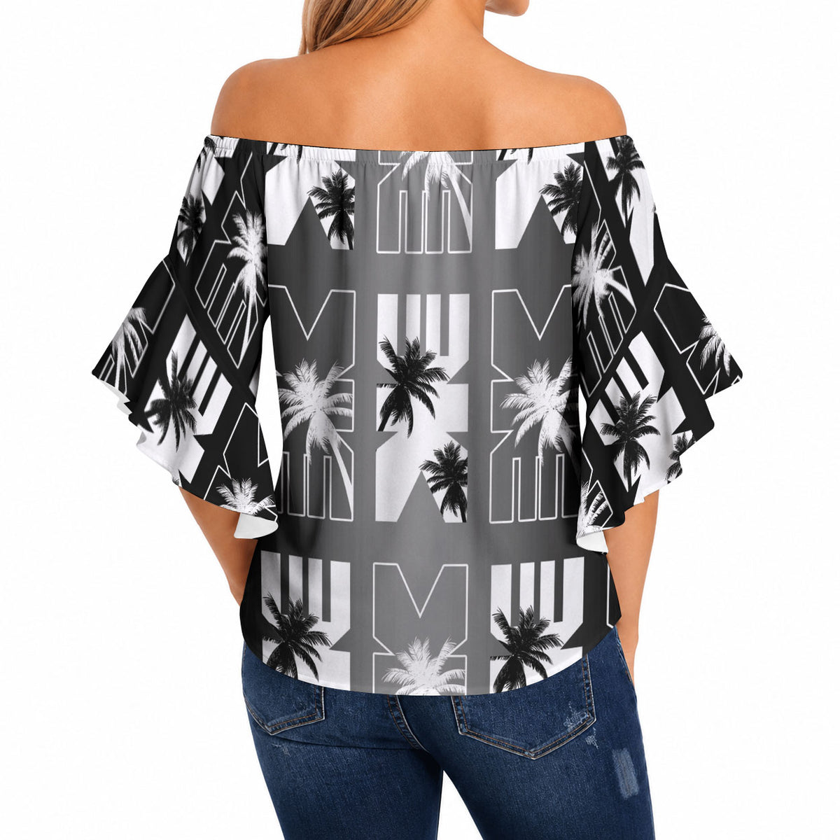 Bula Fiji Off Shoulder Wrap Waist Top Black Makare Masi Tapa Pattern