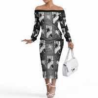 Bula Fiji Off The Shoulder Long Sleeve Dress Black Makare Masi Tapa Pattern