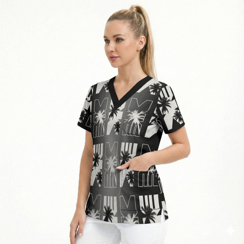 Bula Fiji Scrub Top Black Makare Masi Tapa Pattern