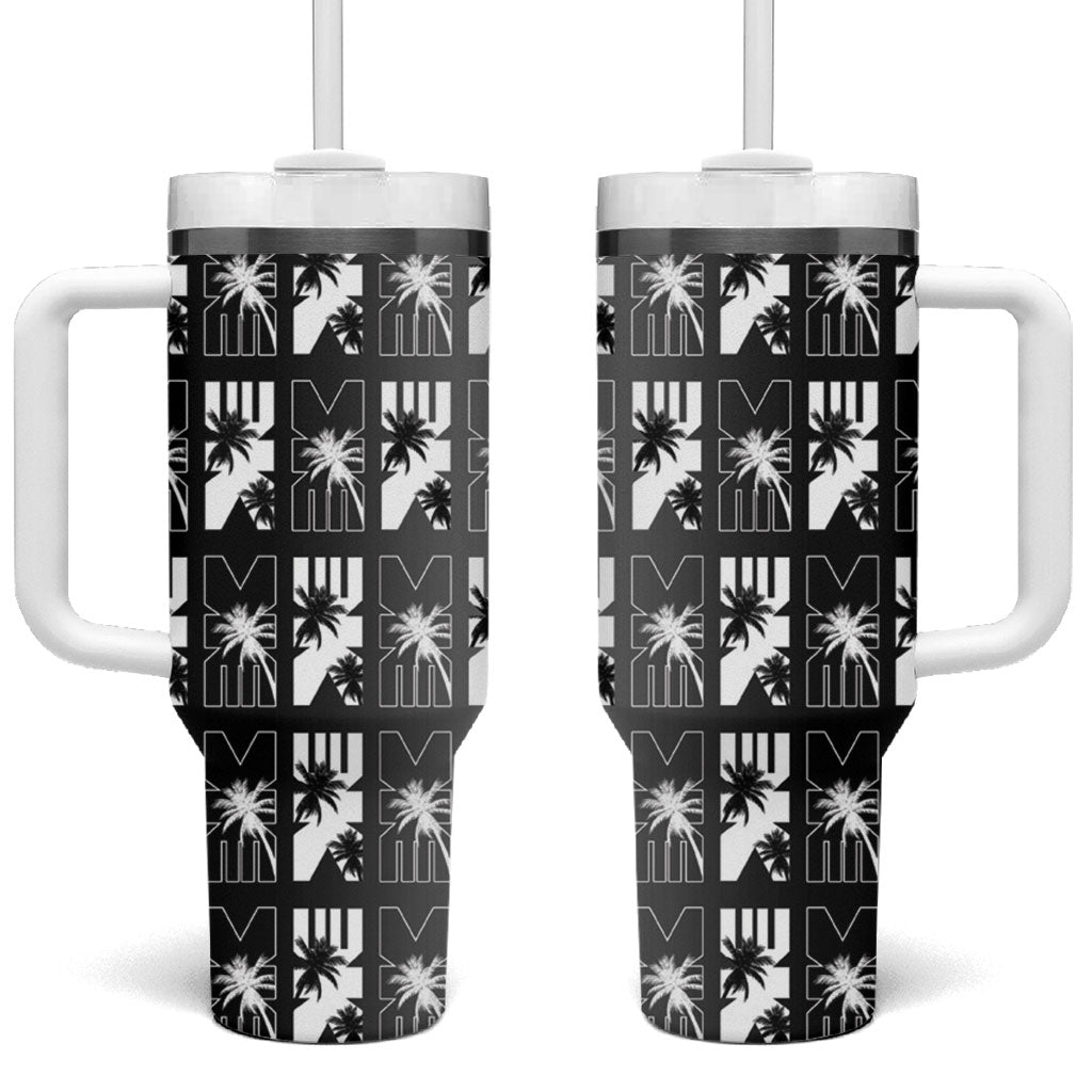 Bula Fiji Tumbler With Handle Black Makare Masi Tapa Pattern