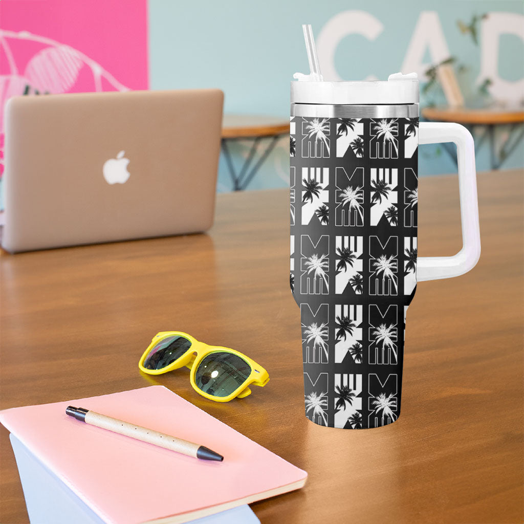 Bula Fiji Tumbler With Handle Black Makare Masi Tapa Pattern