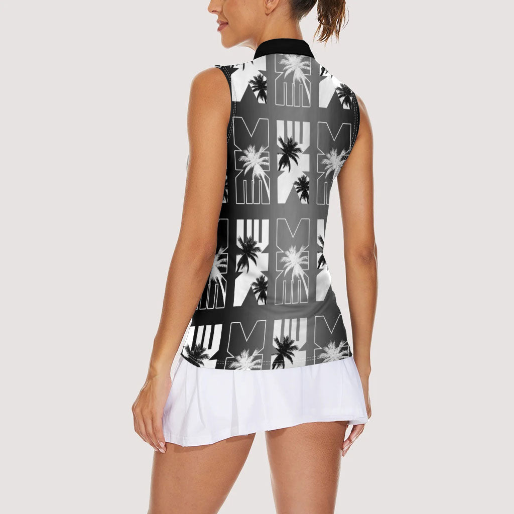 Bula Fiji Women Sleeveless Polo Shirt Black Makare Masi Tapa Pattern