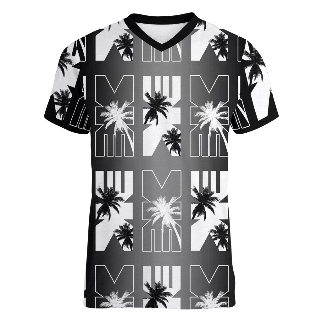 Bula Fiji Women V-Neck T-Shirt Black Makare Masi Tapa Pattern