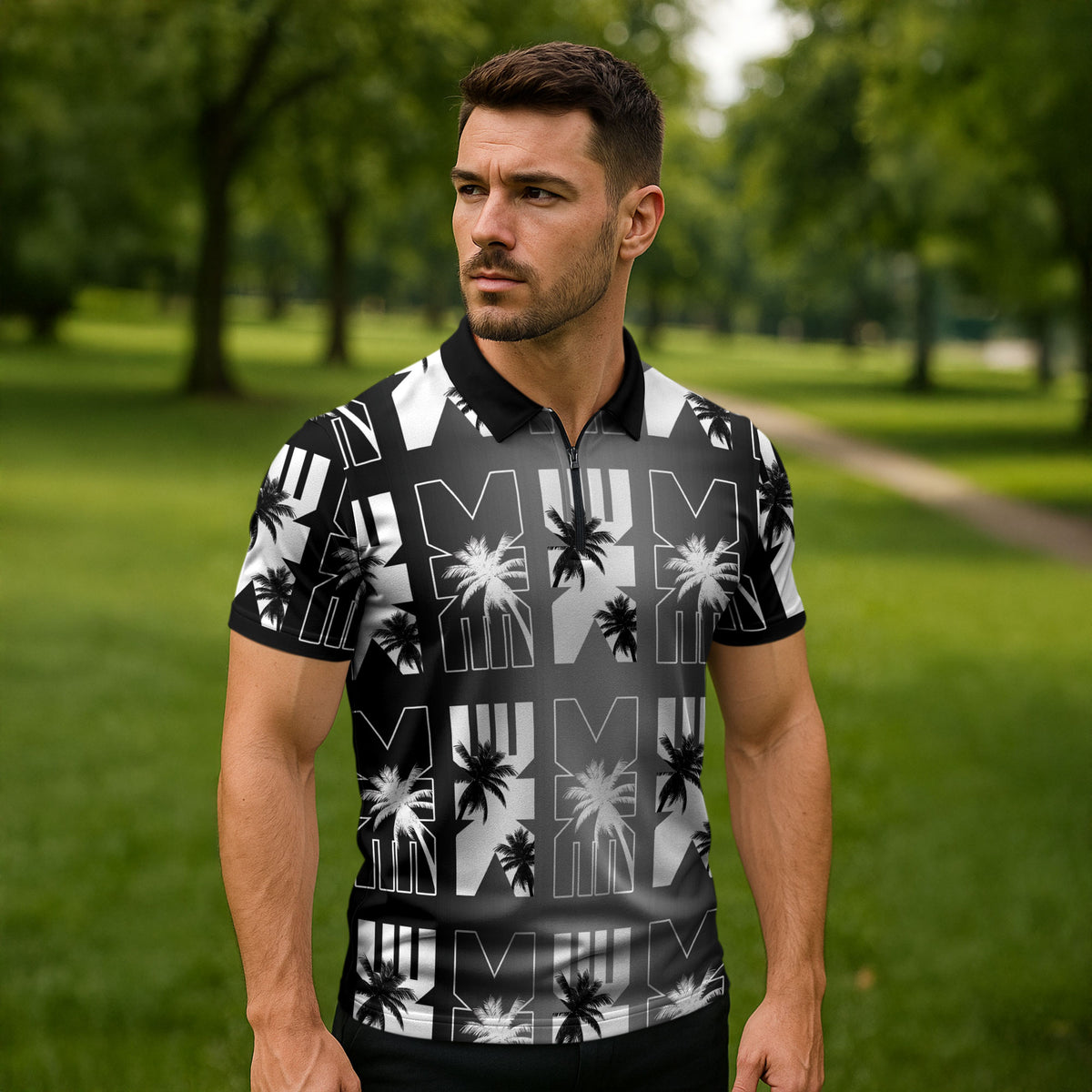 Bula Fiji Zipper Polo Shirt Black Makare Masi Tapa Pattern