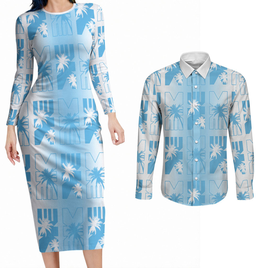Bula Fiji Couples Matching Long Sleeve Bodycon Dress and Long Sleeve Button Shirt White Makare Masi Tapa Pattern