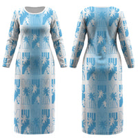 Bula Fiji Couples Matching Long Sleeve Bodycon Dress and Long Sleeve Button Shirt White Makare Masi Tapa Pattern