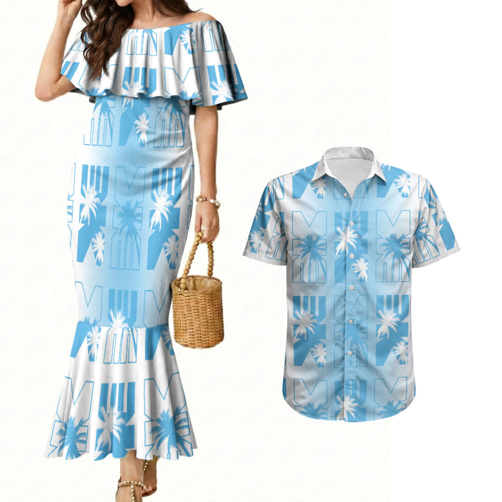Bula Fiji Couples Matching Mermaid Dress and Hawaiian Shirt White Makare Masi Tapa Pattern