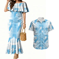 Bula Fiji Couples Matching Mermaid Dress and Hawaiian Shirt White Makare Masi Tapa Pattern