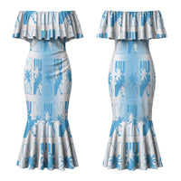 Bula Fiji Couples Matching Mermaid Dress and Hawaiian Shirt White Makare Masi Tapa Pattern