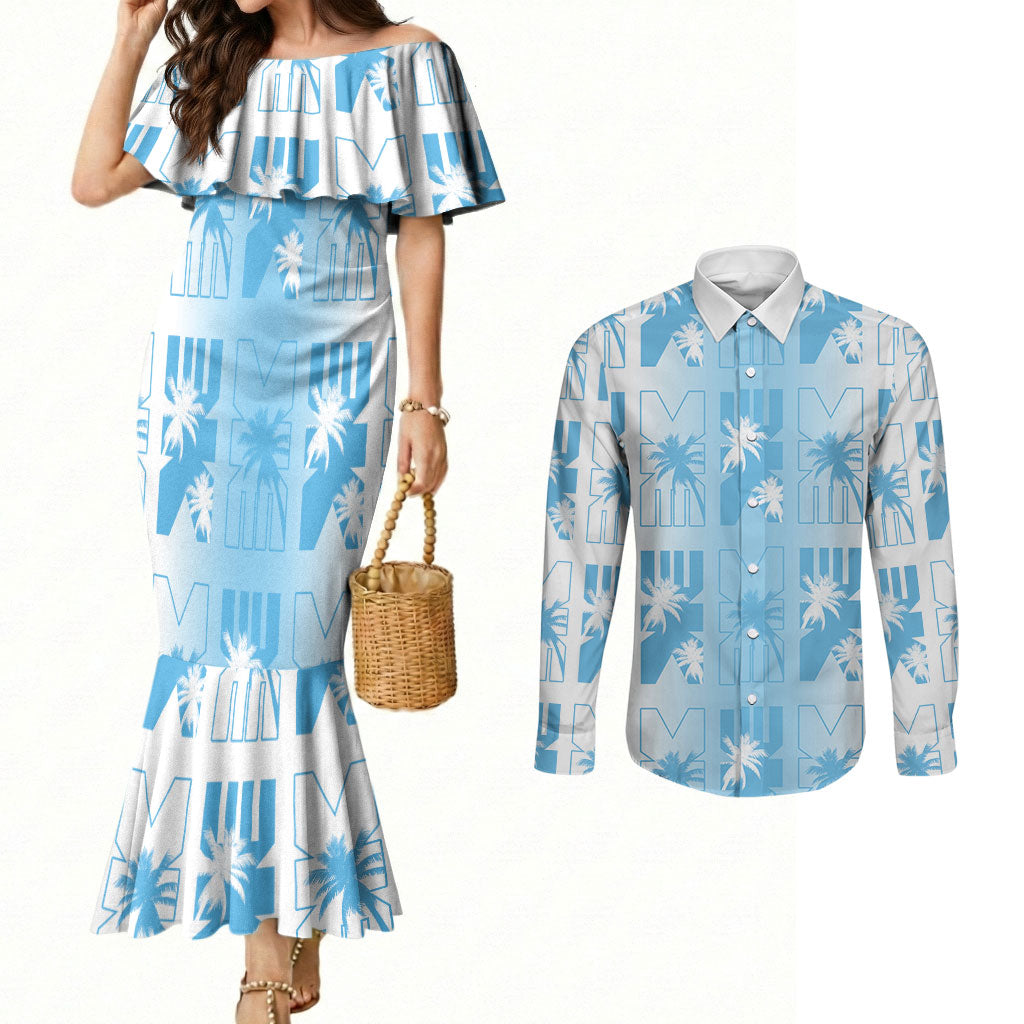 Bula Fiji Couples Matching Mermaid Dress and Long Sleeve Button Shirt White Makare Masi Tapa Pattern