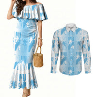 Bula Fiji Couples Matching Mermaid Dress and Long Sleeve Button Shirt White Makare Masi Tapa Pattern