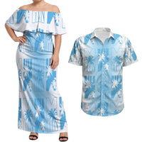 Bula Fiji Couples Matching Off Shoulder Maxi Dress and Hawaiian Shirt White Makare Masi Tapa Pattern