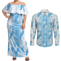 Bula Fiji Couples Matching Off Shoulder Maxi Dress and Long Sleeve Button Shirt White Makare Masi Tapa Pattern