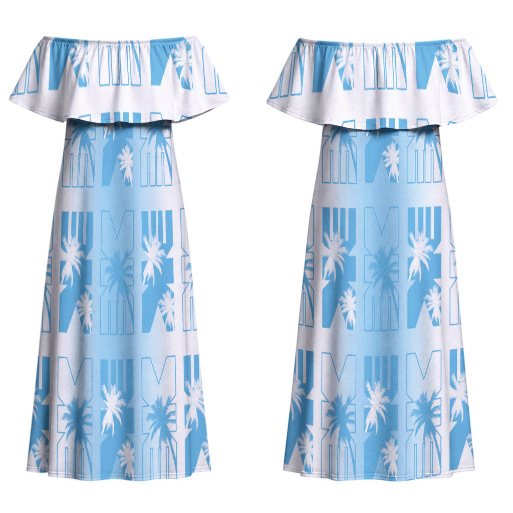 Bula Fiji Couples Matching Off Shoulder Maxi Dress and Long Sleeve Button Shirt White Makare Masi Tapa Pattern
