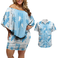 Bula Fiji Couples Matching Off Shoulder Short Dress and Hawaiian Shirt White Makare Masi Tapa Pattern