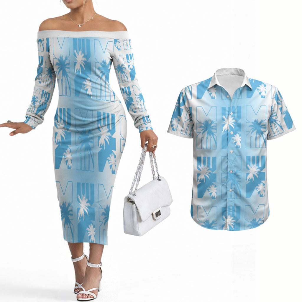 Bula Fiji Couples Matching Off The Shoulder Long Sleeve Dress and Hawaiian Shirt White Makare Masi Tapa Pattern