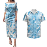 Bula Fiji Couples Matching Puletasi and Hawaiian Shirt White Makare Masi Tapa Pattern