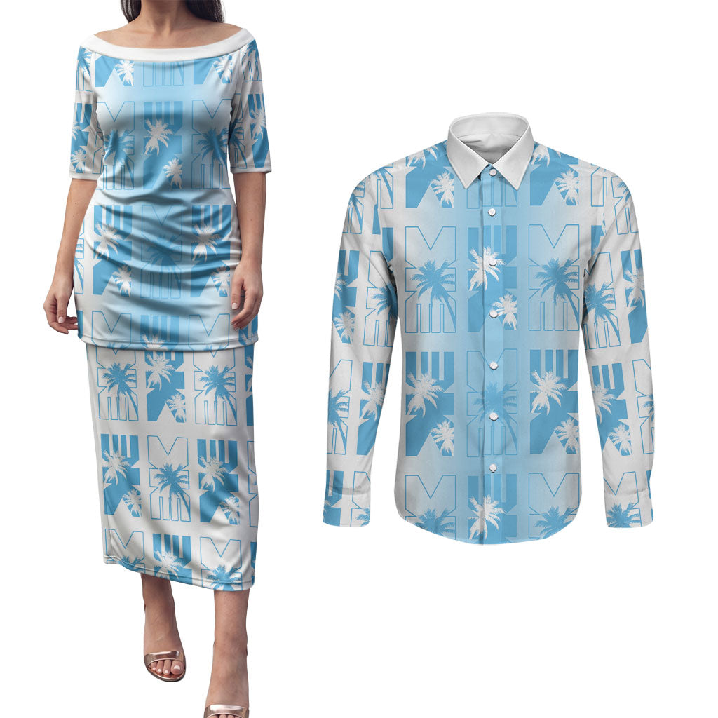 Bula Fiji Couples Matching Puletasi and Long Sleeve Button Shirt White Makare Masi Tapa Pattern