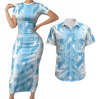 Bula Fiji Couples Matching Short Sleeve Bodycon Dress and Hawaiian Shirt White Makare Masi Tapa Pattern