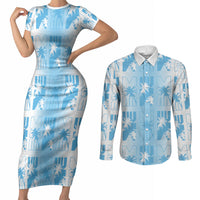 Bula Fiji Couples Matching Short Sleeve Bodycon Dress and Long Sleeve Button Shirt White Makare Masi Tapa Pattern
