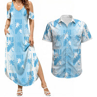 Bula Fiji Couples Matching Summer Maxi Dress and Hawaiian Shirt White Makare Masi Tapa Pattern
