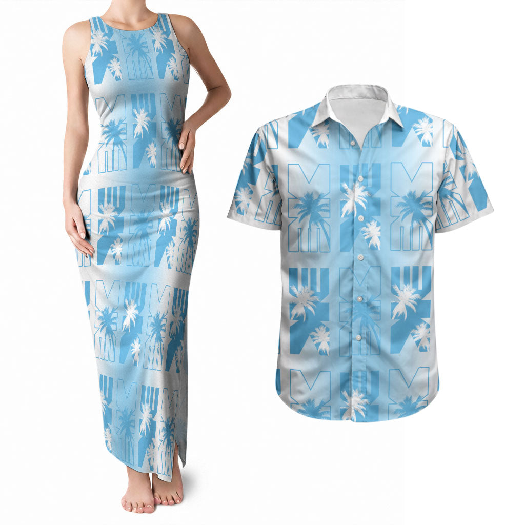 Bula Fiji Couples Matching Tank Maxi Dress and Hawaiian Shirt White Makare Masi Tapa Pattern