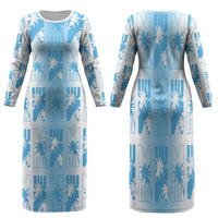 Bula Fiji Family Matching Long Sleeve Bodycon Dress and Hawaiian Shirt White Makare Masi Tapa Pattern