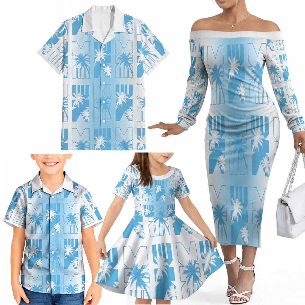 Bula Fiji Family Matching Off The Shoulder Long Sleeve Dress and Hawaiian Shirt White Makare Masi Tapa Pattern