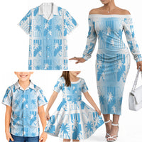 Bula Fiji Family Matching Off The Shoulder Long Sleeve Dress and Hawaiian Shirt White Makare Masi Tapa Pattern